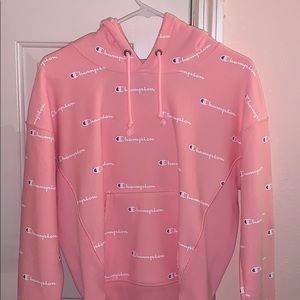 champion reversed weave all over logo pink hoodie